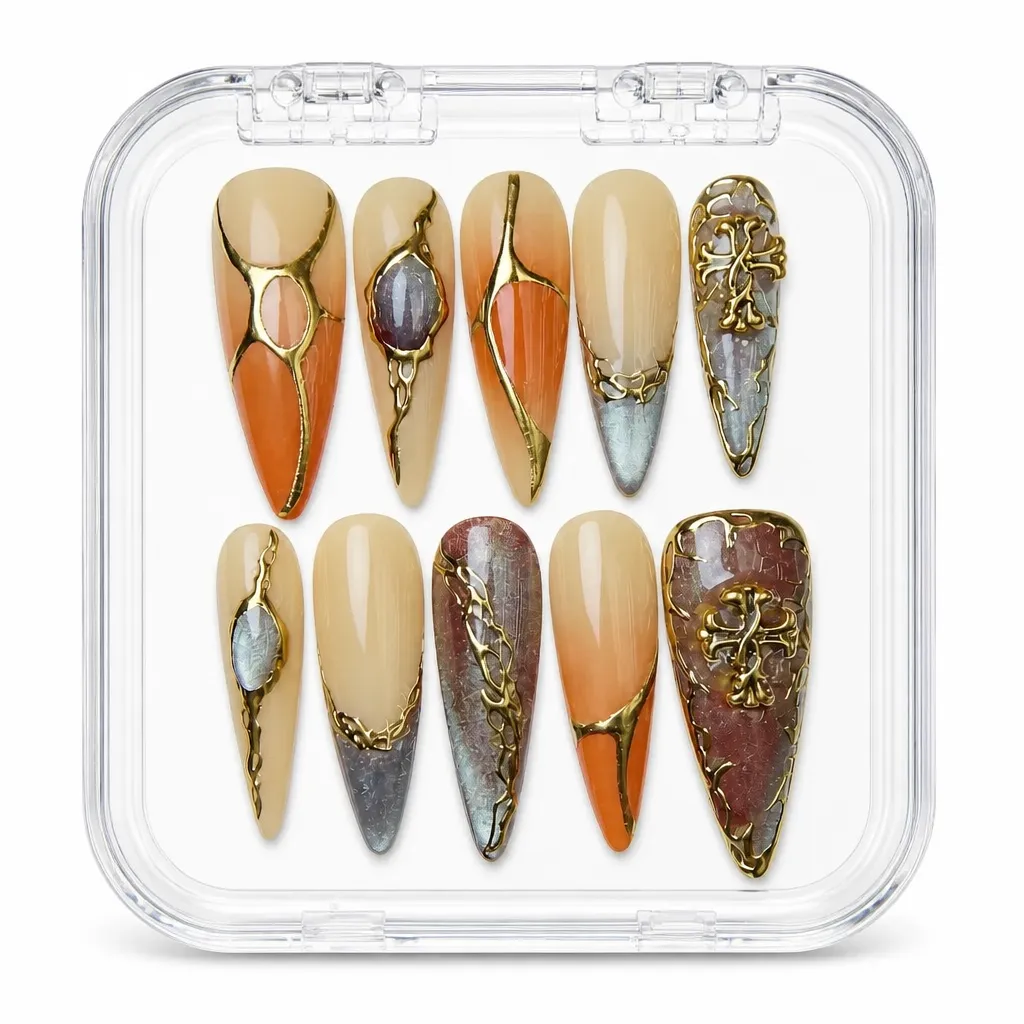 Amber Foil Elegance – Xưởng gia công Nailbox Sỉ thủ công