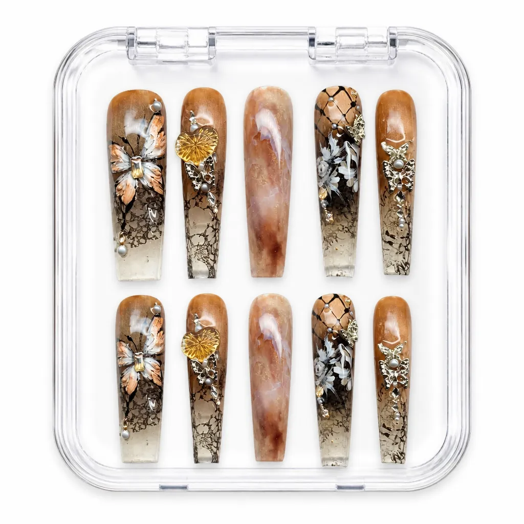 Amber Monarch Elegance – Mẫu Nailbox Sỉ Thiết Kế Thủ Công