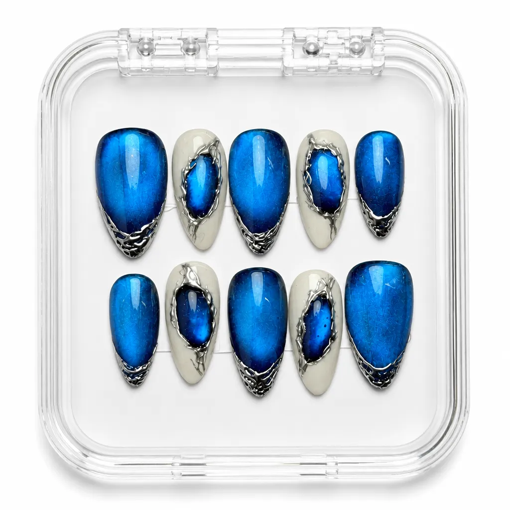Azure Chrome Elegance – Xưởng gia công Nailbox Sỉ thủ công
