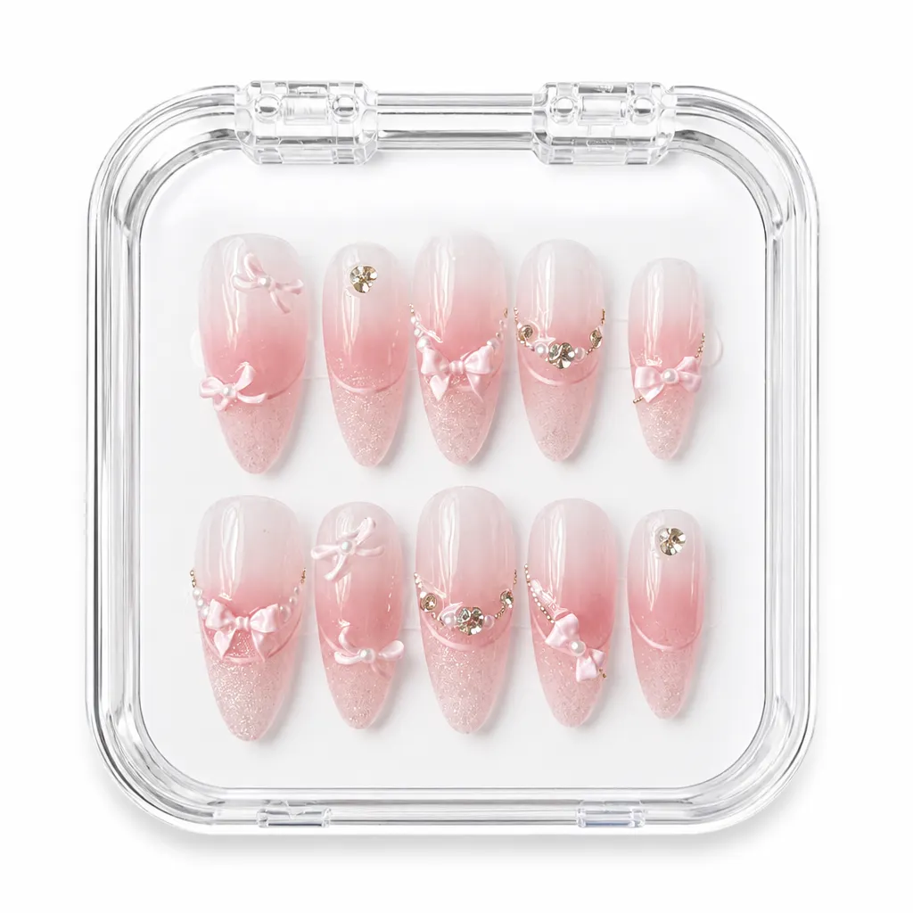 Blush Bow Almond – Mẫu Nailbox Sỉ Thiết Kế Thủ Công