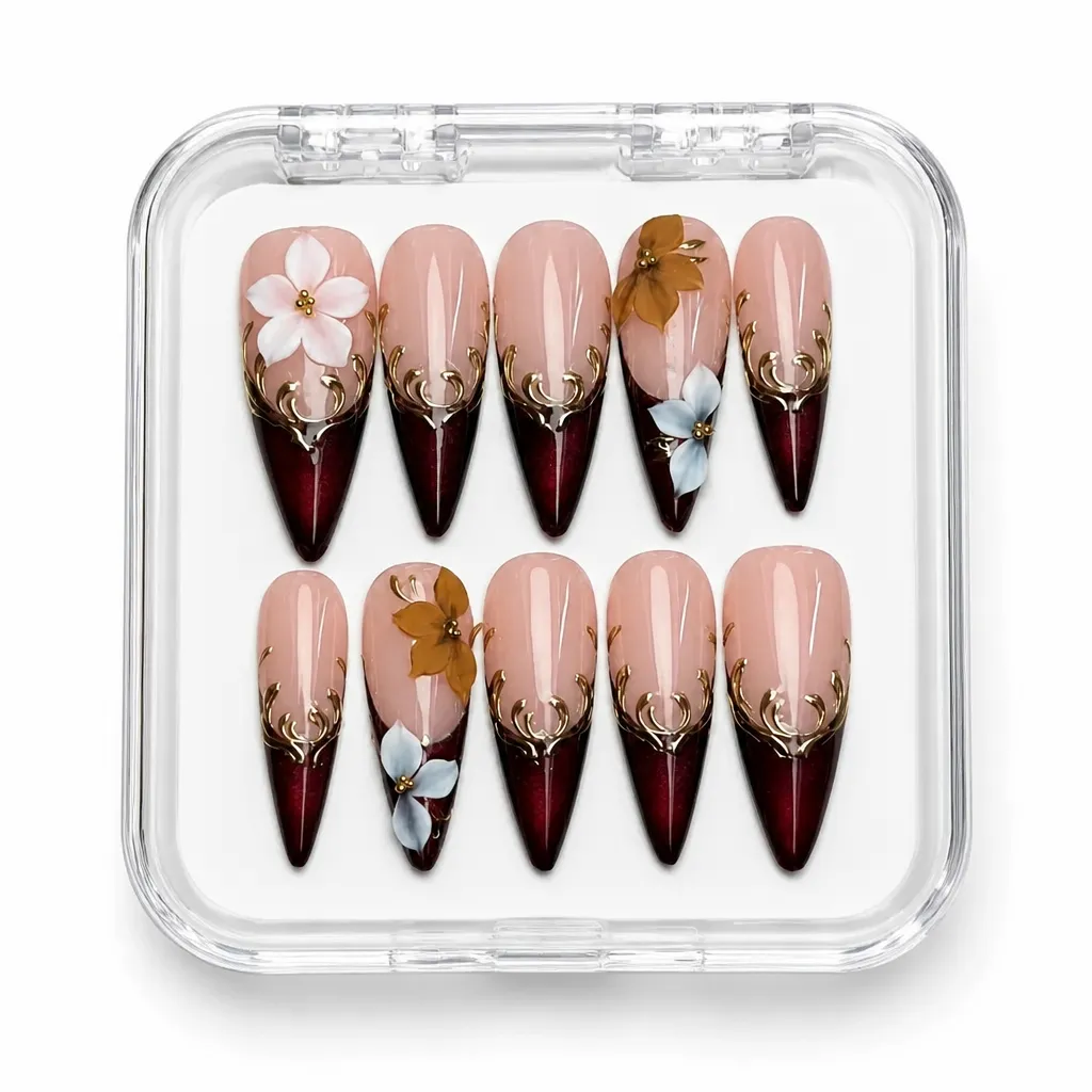 Burgundy Blossom Stiletto – Xưởng gia công Nailbox Sỉ thủ công