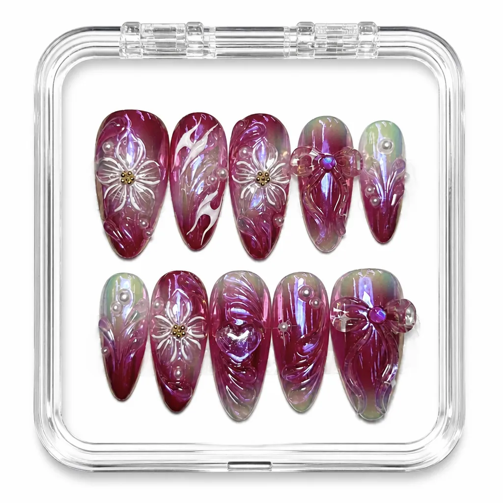 Burgundy Crimson Celestial – Mẫu Nailbox Sỉ Thiết Kế Thủ Công