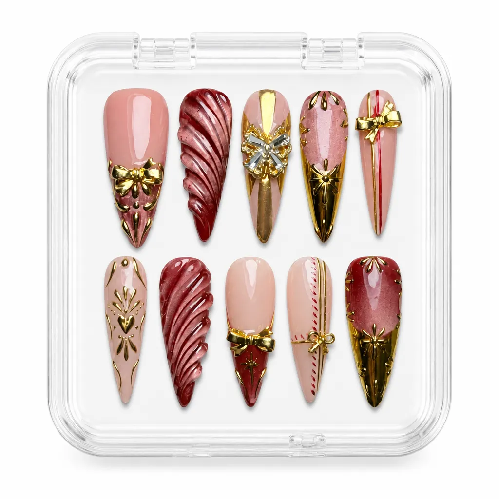 Burgundy Gold Elegance – Xưởng gia công Nailbox Sỉ thủ công