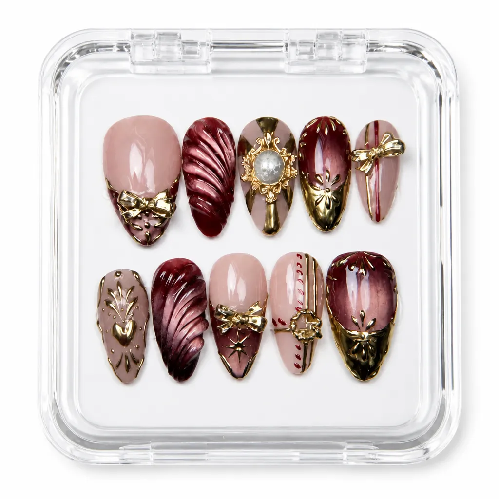 Burgundy Gold Luxe – Xưởng gia công Nailbox Sỉ thủ công