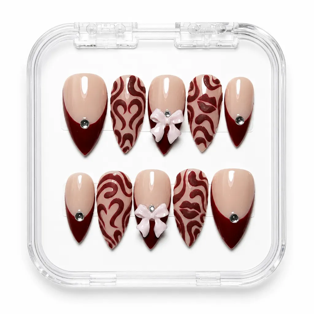 Burgundy Heart Elegance – Xưởng gia công Nailbox Sỉ thủ công