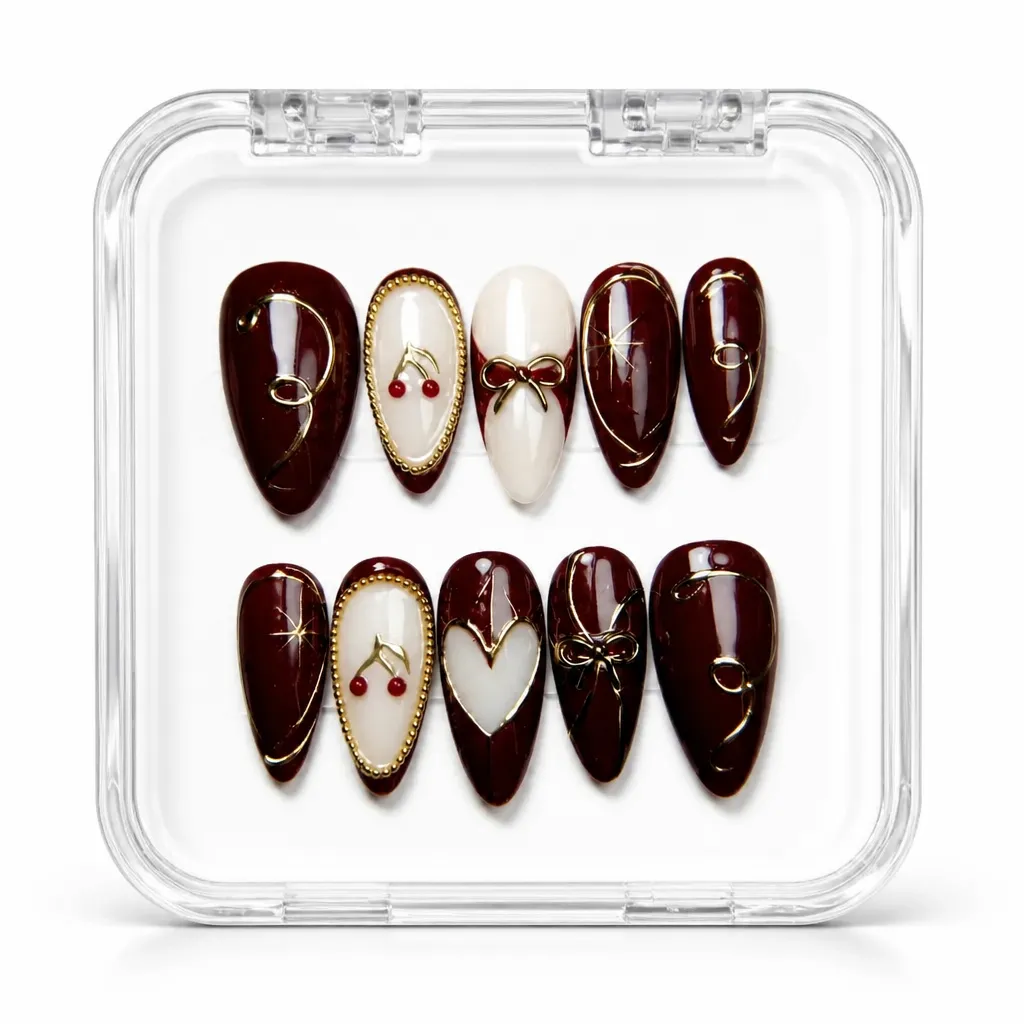 Burgundy Luxe Almond – Xưởng gia công Nailbox Sỉ thủ công