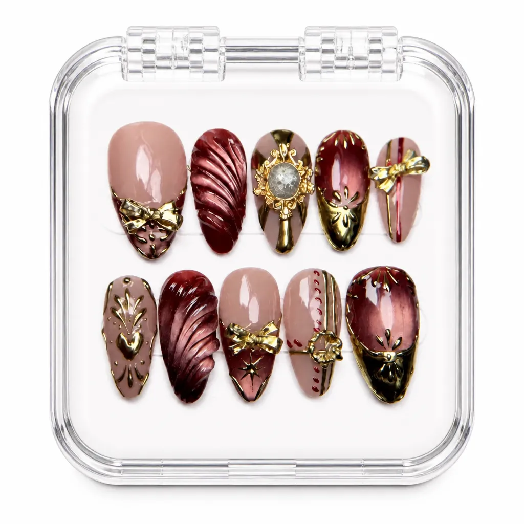 Burgundy Vintage Bows – Mẫu Nailbox Sỉ Thiết Kế Thủ Công