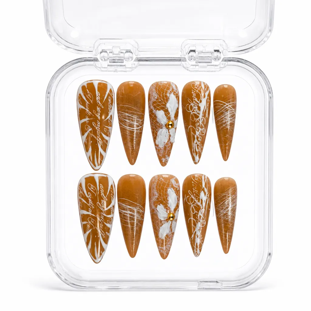 Caramel Lace Script – Mẫu Nailbox Sỉ Thiết Kế Thủ Công