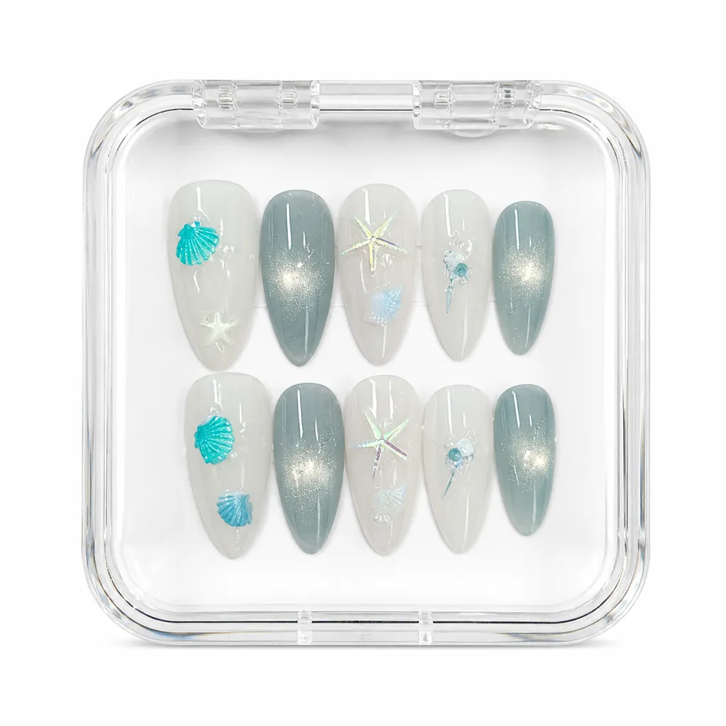 Celestial Sparkle Almond – Mẫu Nailbox Sỉ Thiết Kế Thủ Công