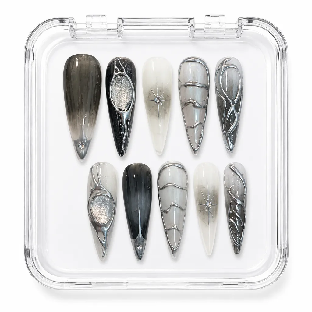 Charcoal Marble Elegance – Xưởng gia công Nailbox Sỉ thủ công