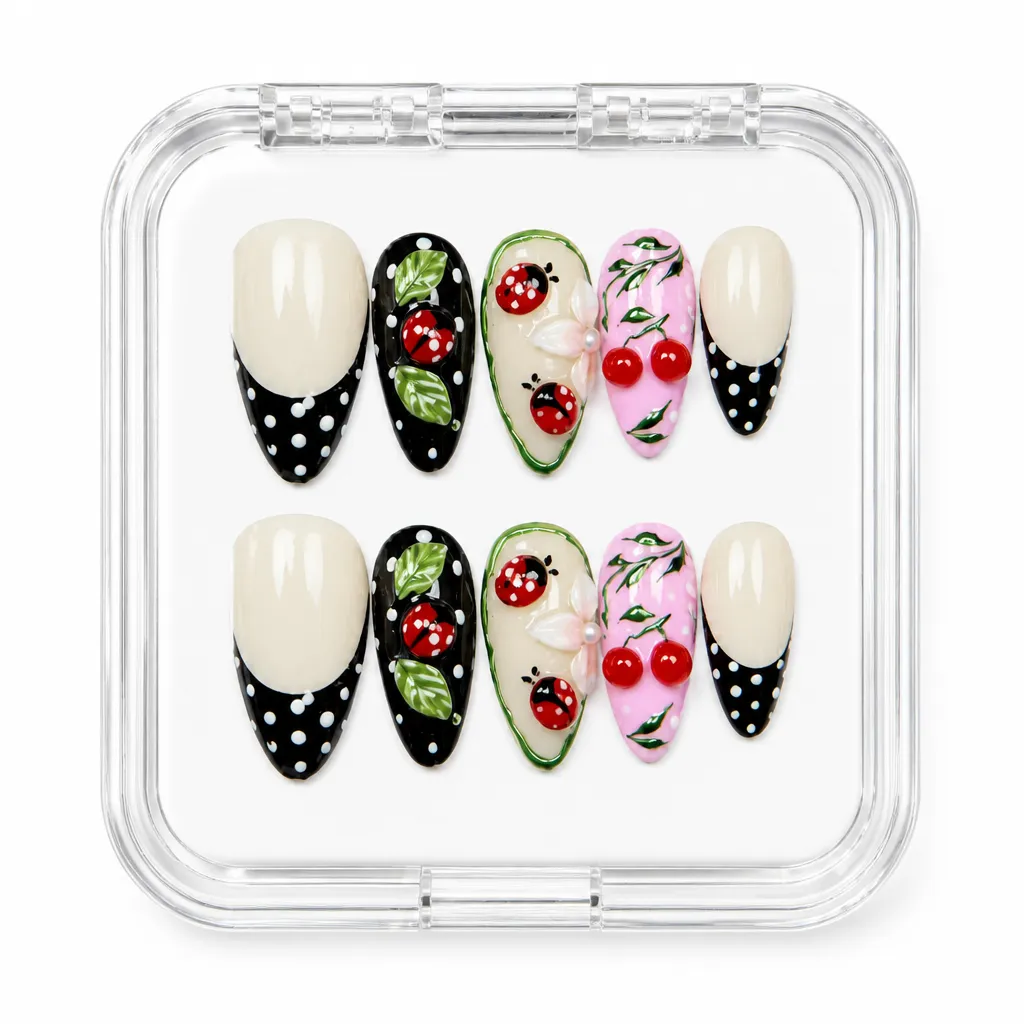 Cherry Polka Elegance – Mẫu Nailbox Sỉ Thiết Kế Thủ Công