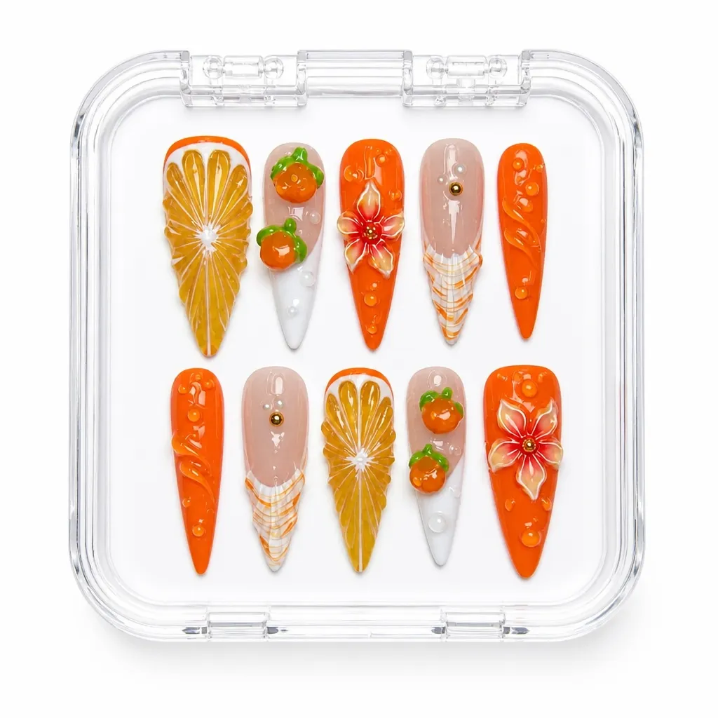 Citrus Radiance Stiletto – Xưởng gia công Nailbox Sỉ thủ công
