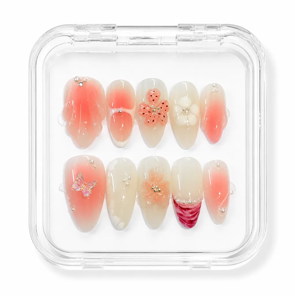 Coral Blush Elegance – Xưởng gia công Nailbox Sỉ thủ công