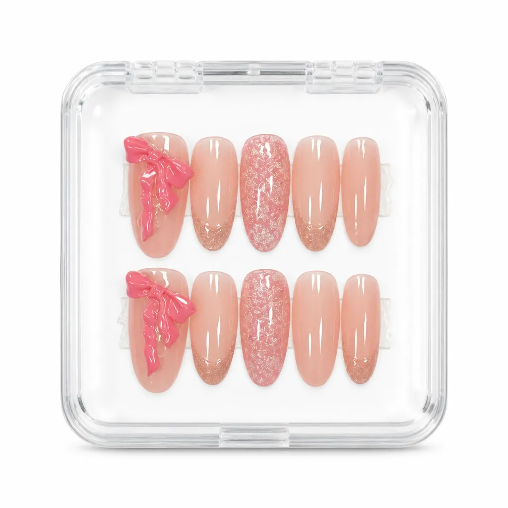 Coral Bow Bliss – Xưởng gia công Nailbox Sỉ thủ công