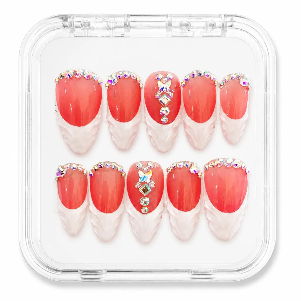 Coral Crystal Elegance – Xưởng gia công Nailbox Sỉ thủ công