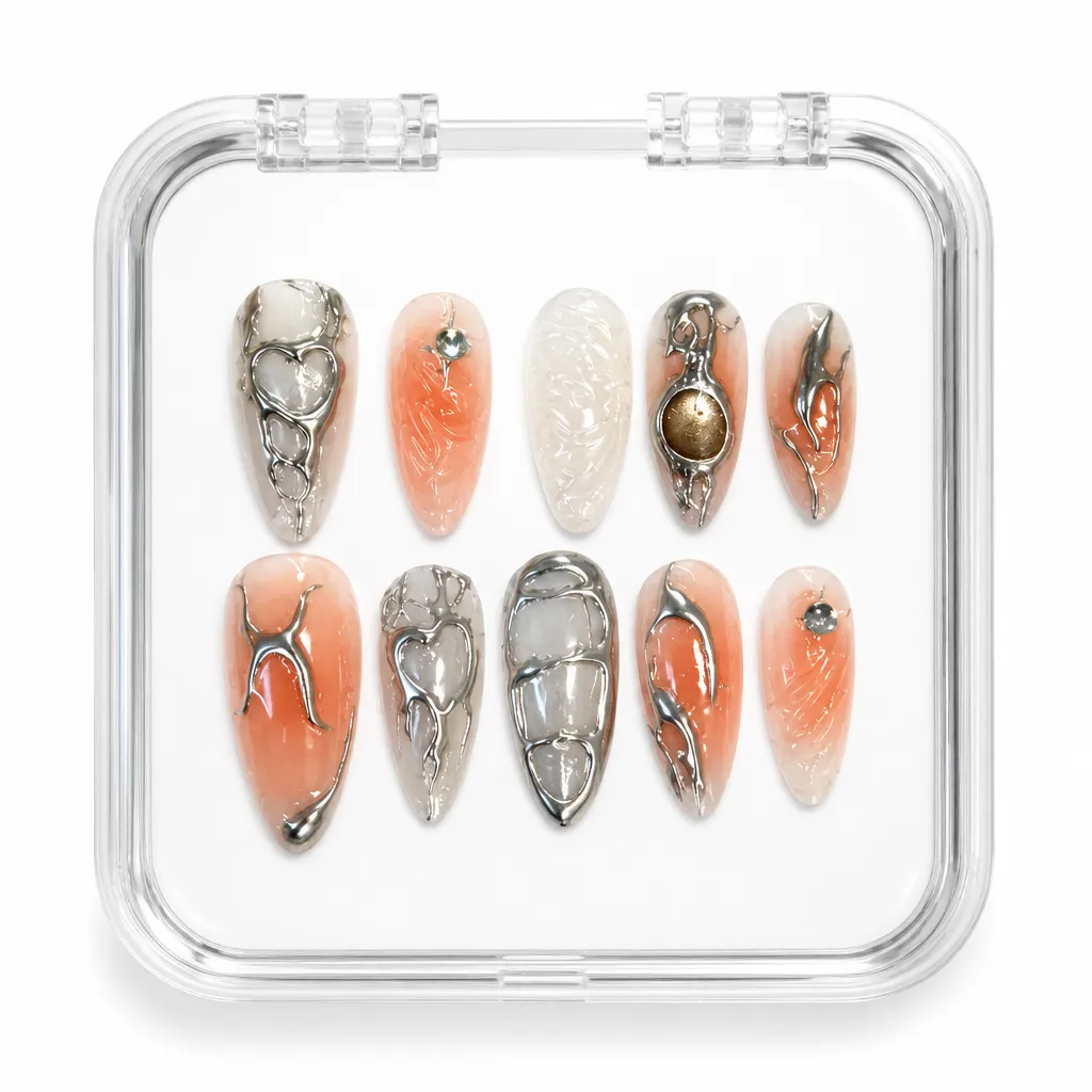 Coral Crystalline Elegance – Xưởng gia công Nailbox Sỉ thủ công