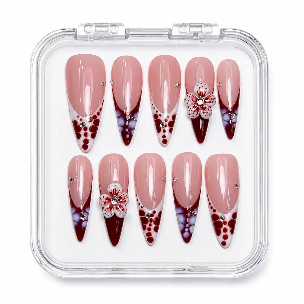 Crimson Cascade Almond – Xưởng gia công Nailbox Sỉ thủ công