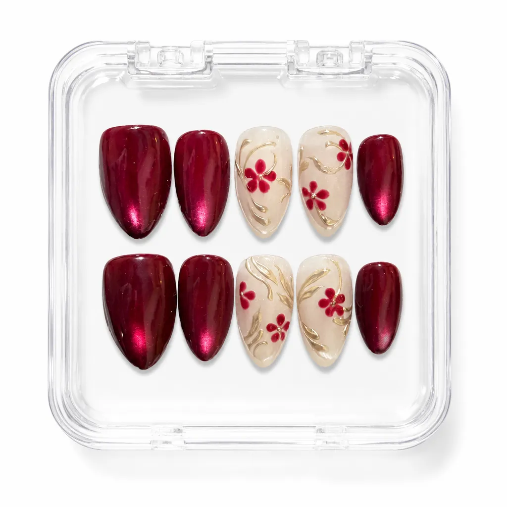 Crimson Floral Almond – Xưởng gia công Nailbox Sỉ thủ công