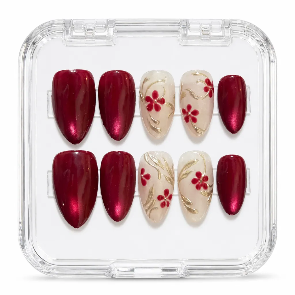 Crimson Floral Elegance – Xưởng gia công Nailbox Sỉ thủ công
