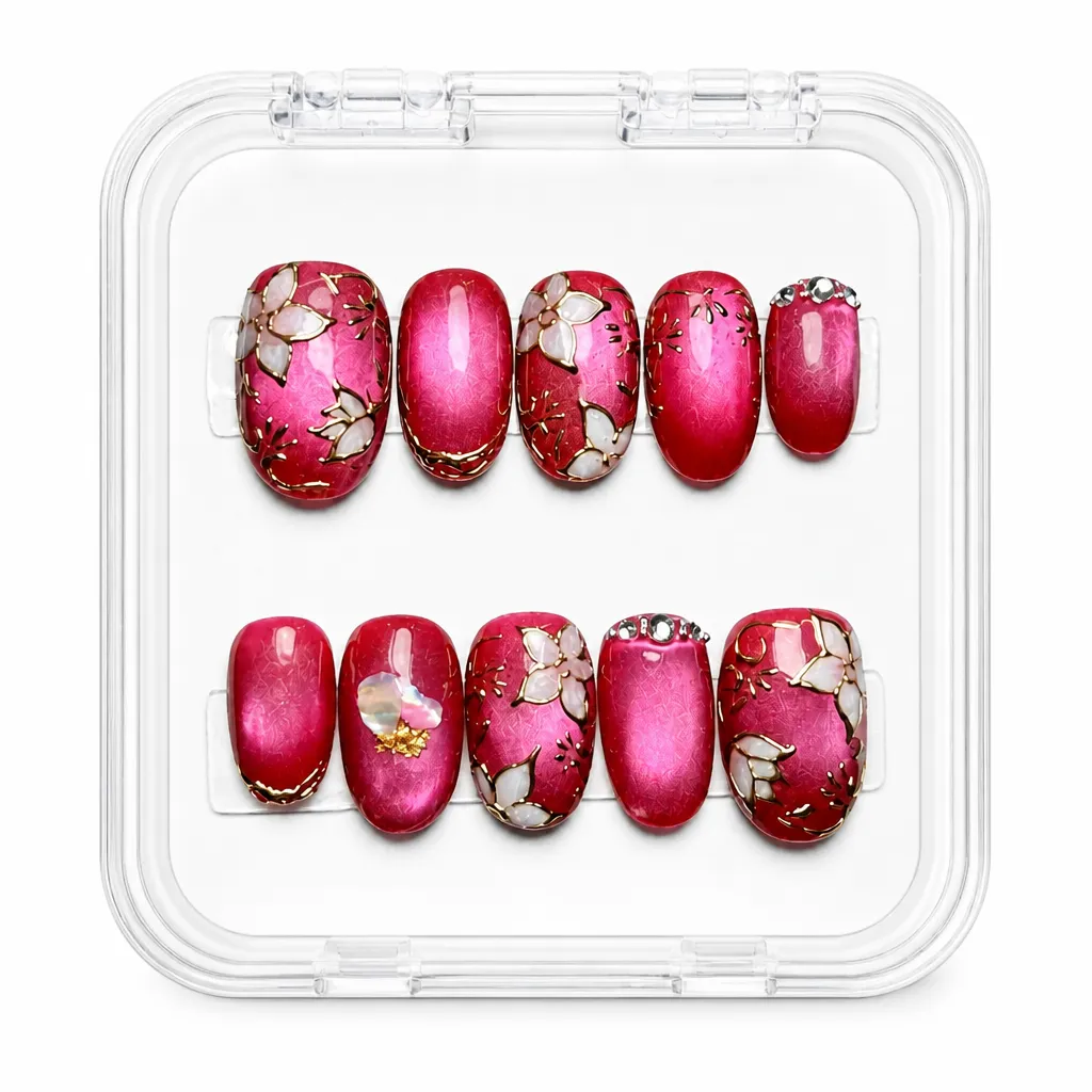Crimson Foil Elegance – Xưởng gia công Nailbox Sỉ thủ công