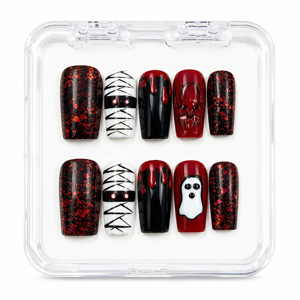 Crimson Glitter Ghost – Mẫu Nailbox Sỉ Thiết Kế Thủ Công