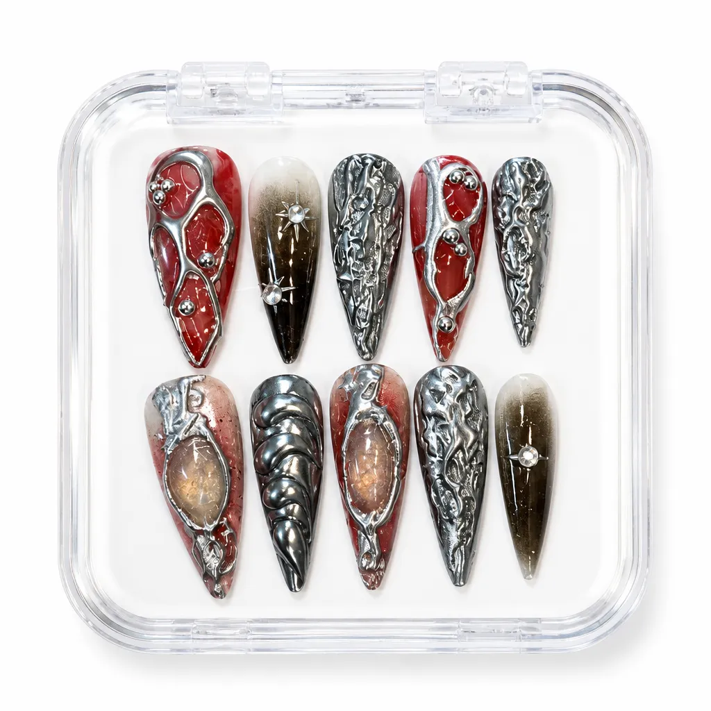 Crimson Glitter Luxe – Xưởng gia công Nailbox Sỉ thủ công