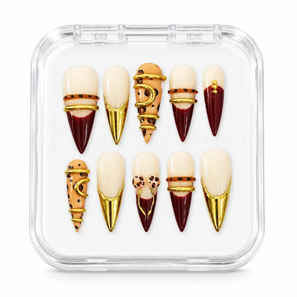 Crimson Gold Elegance – Xưởng gia công Nailbox Sỉ thủ công