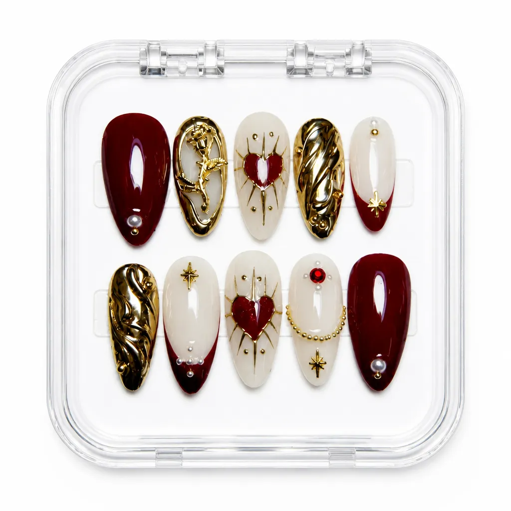 Crimson Gold Elegance – Xưởng gia công Nailbox Sỉ thủ công