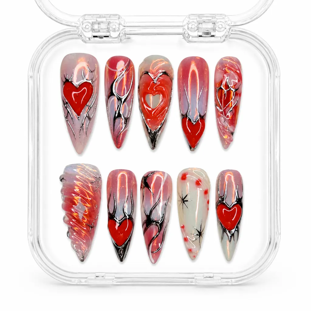 Crimson Heart Elegance – Xưởng gia công Nailbox Sỉ thủ công