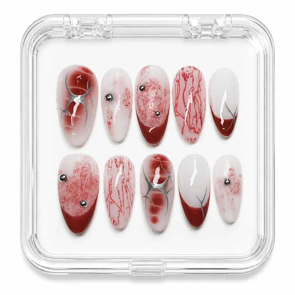 Crimson Vein Elegance – Xưởng gia công Nailbox Sỉ thủ công