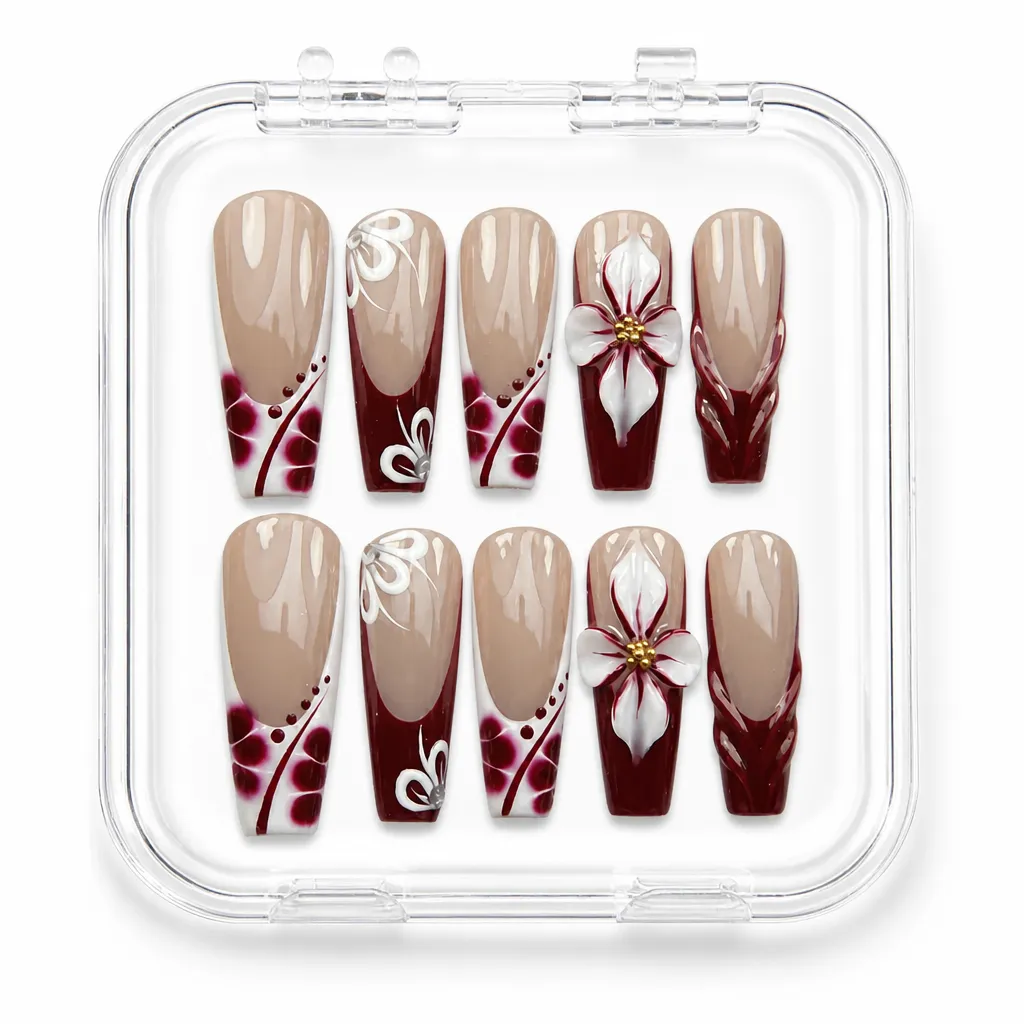 Crimson Vine Elegance – Xưởng gia công Nailbox Sỉ thủ công