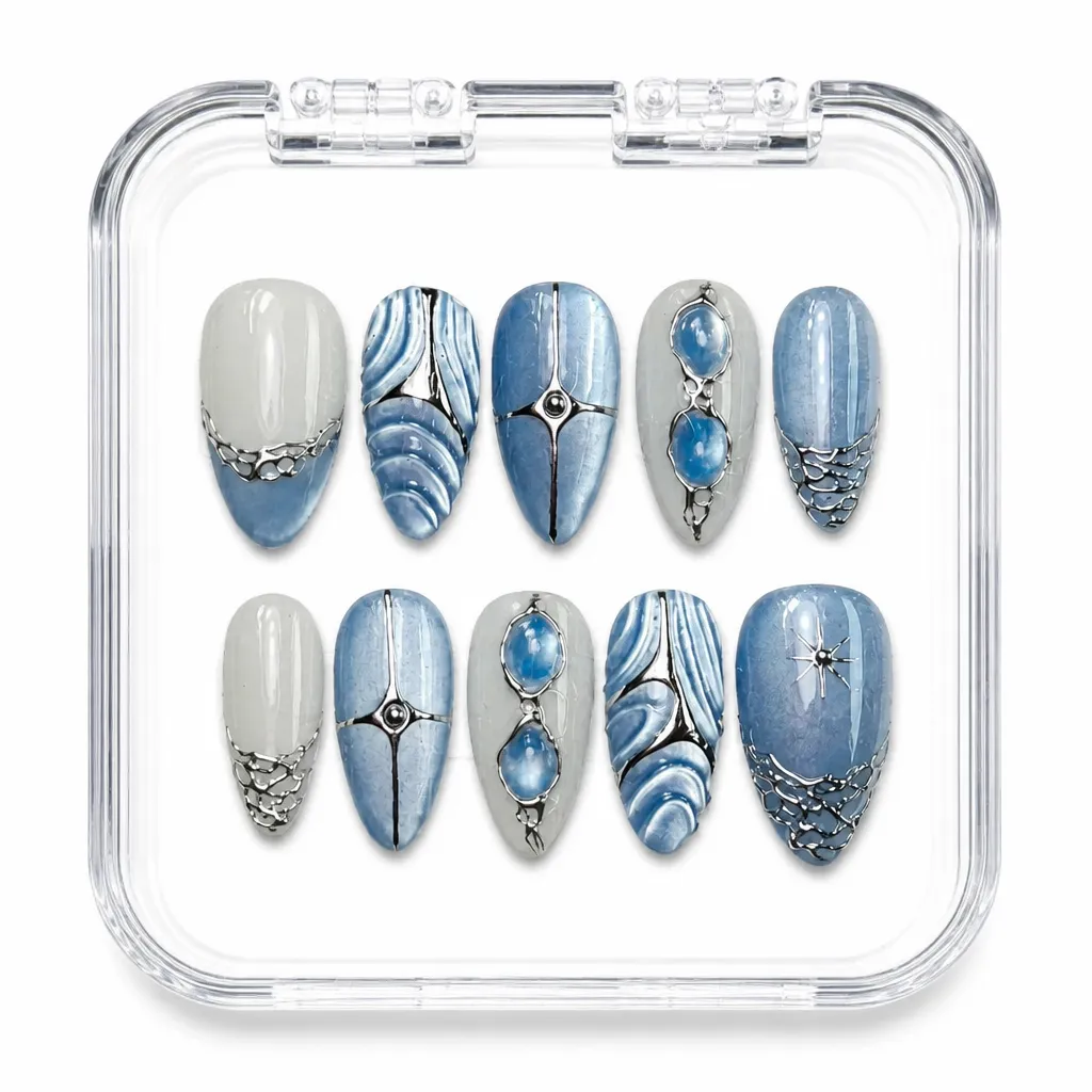 Crystalline Blue Elegance – Xưởng gia công Nailbox Sỉ thủ công