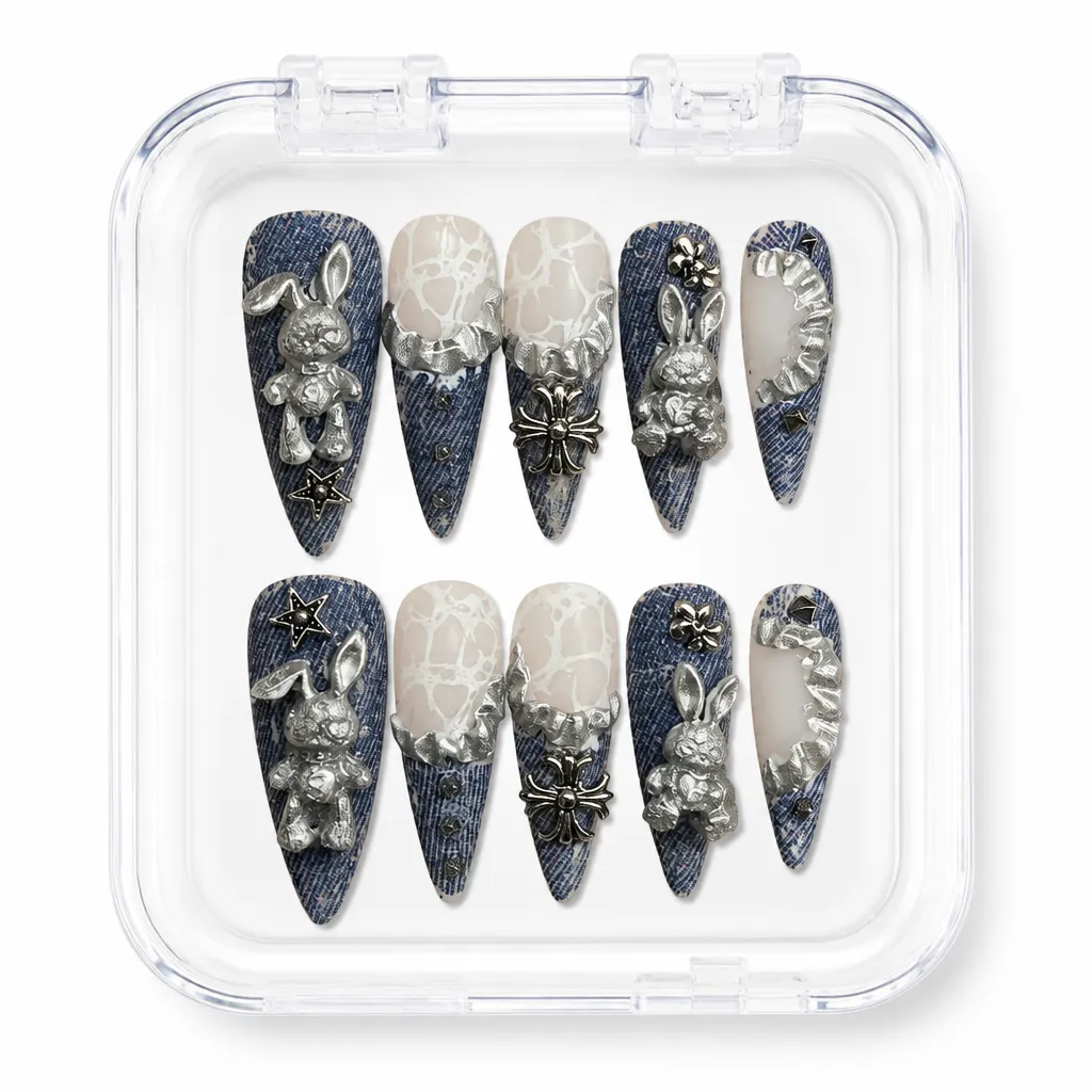 Denim Rebel Bunny – Mẫu Nailbox Sỉ Thiết Kế Thủ Công
