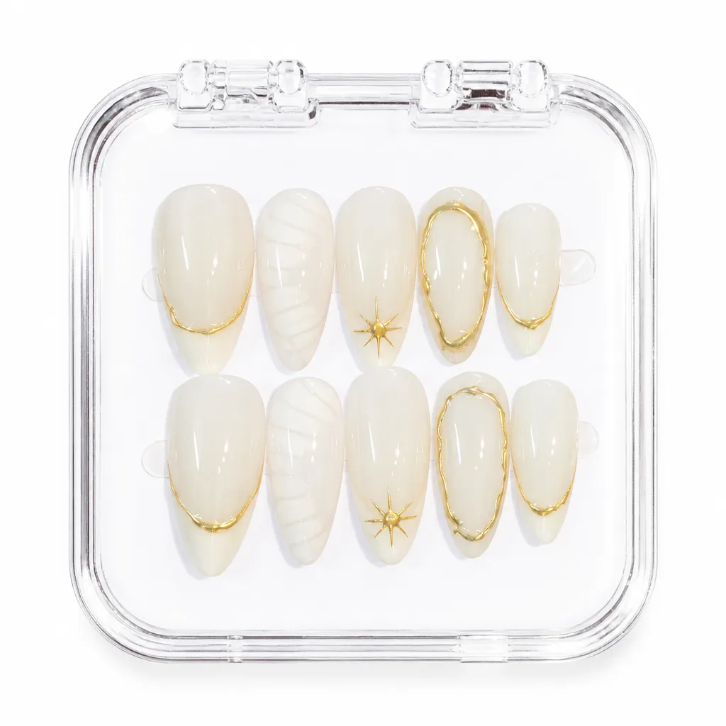 Ethereal Gold Elegance – Xưởng gia công Nailbox Sỉ thủ công