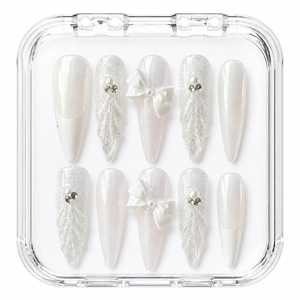 Frosty Ribbon Elegance – Xưởng gia công Nailbox Sỉ thủ công