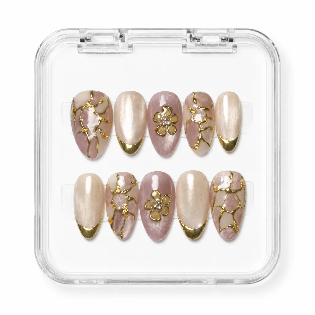 Gilded Elegance Almond – Xưởng gia công Nailbox Sỉ thủ công