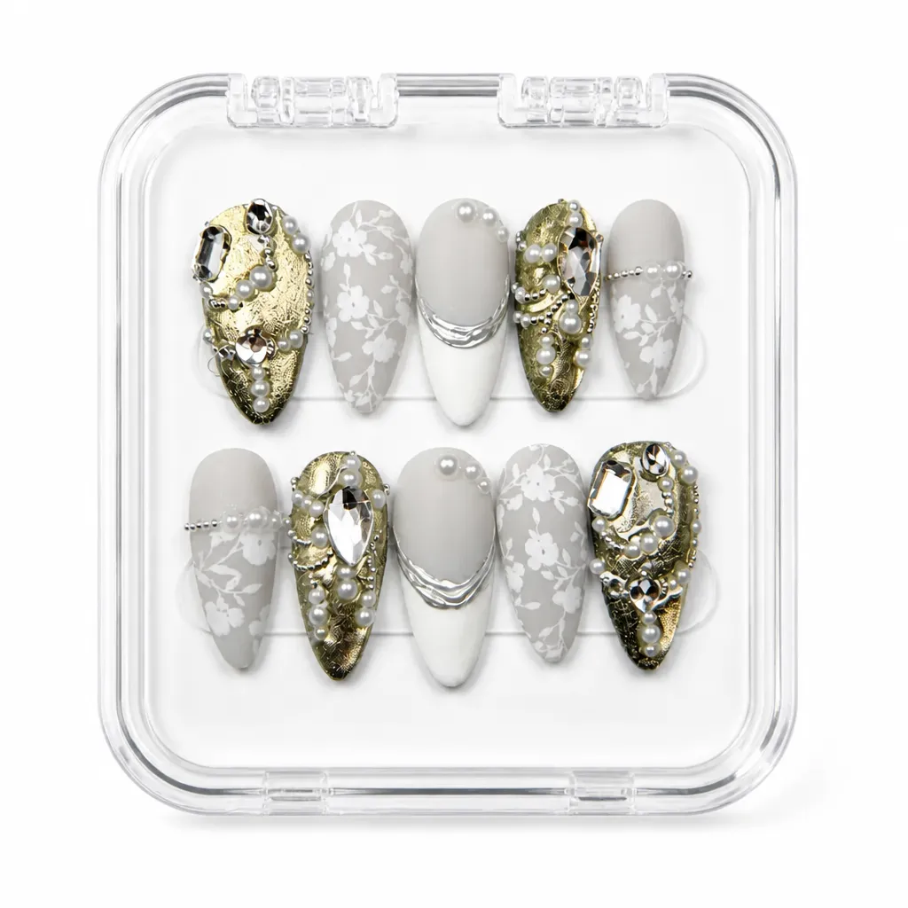 Gilded Lace Elegance – Xưởng gia công Nailbox Sỉ thủ công