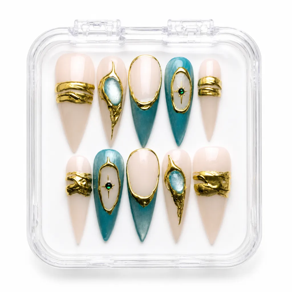 Gilded Teal Elegance – Xưởng gia công Nailbox Sỉ thủ công