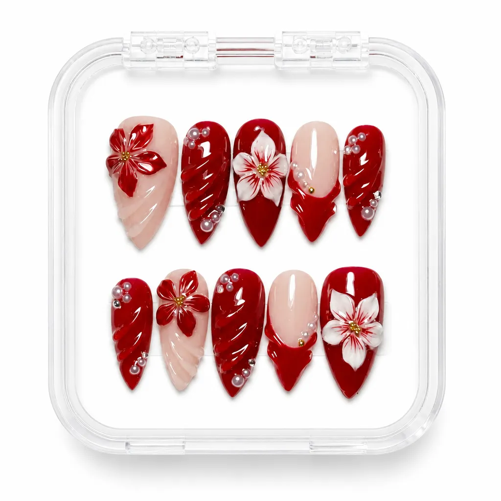 Glossy Crimson Bloom – Xưởng gia công Nailbox Sỉ thủ công