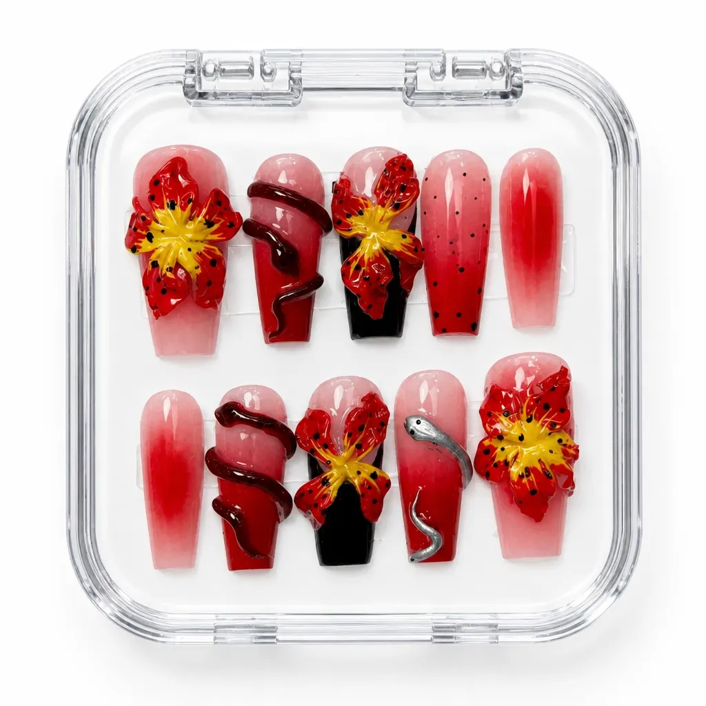 Glossy Crimson Blossom – Xưởng gia công Nailbox Sỉ thủ công