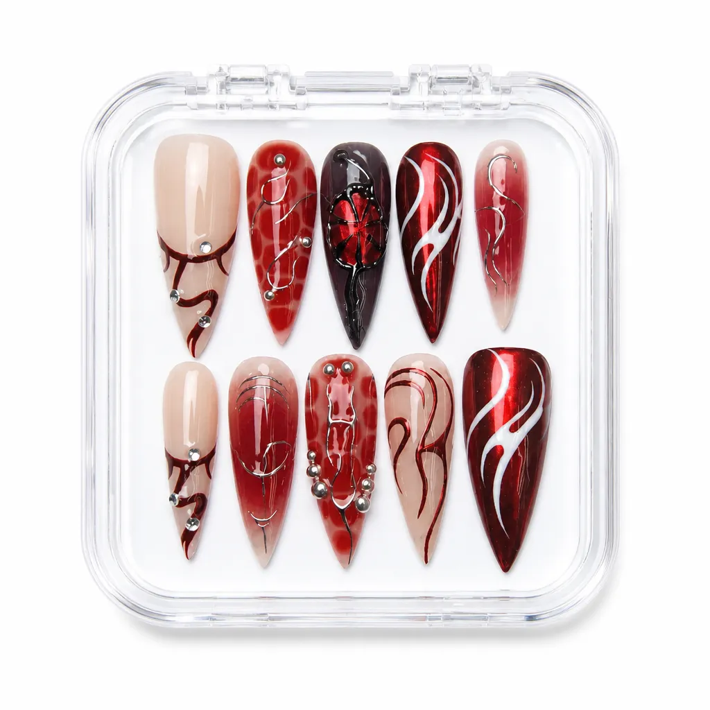 Glossy Crimson Elegance – Xưởng gia công Nailbox Sỉ thủ công