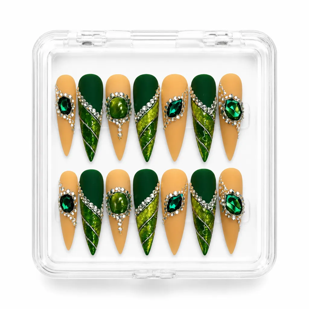 Glossy Emerald Luxe – Xưởng gia công Nailbox Sỉ thủ công