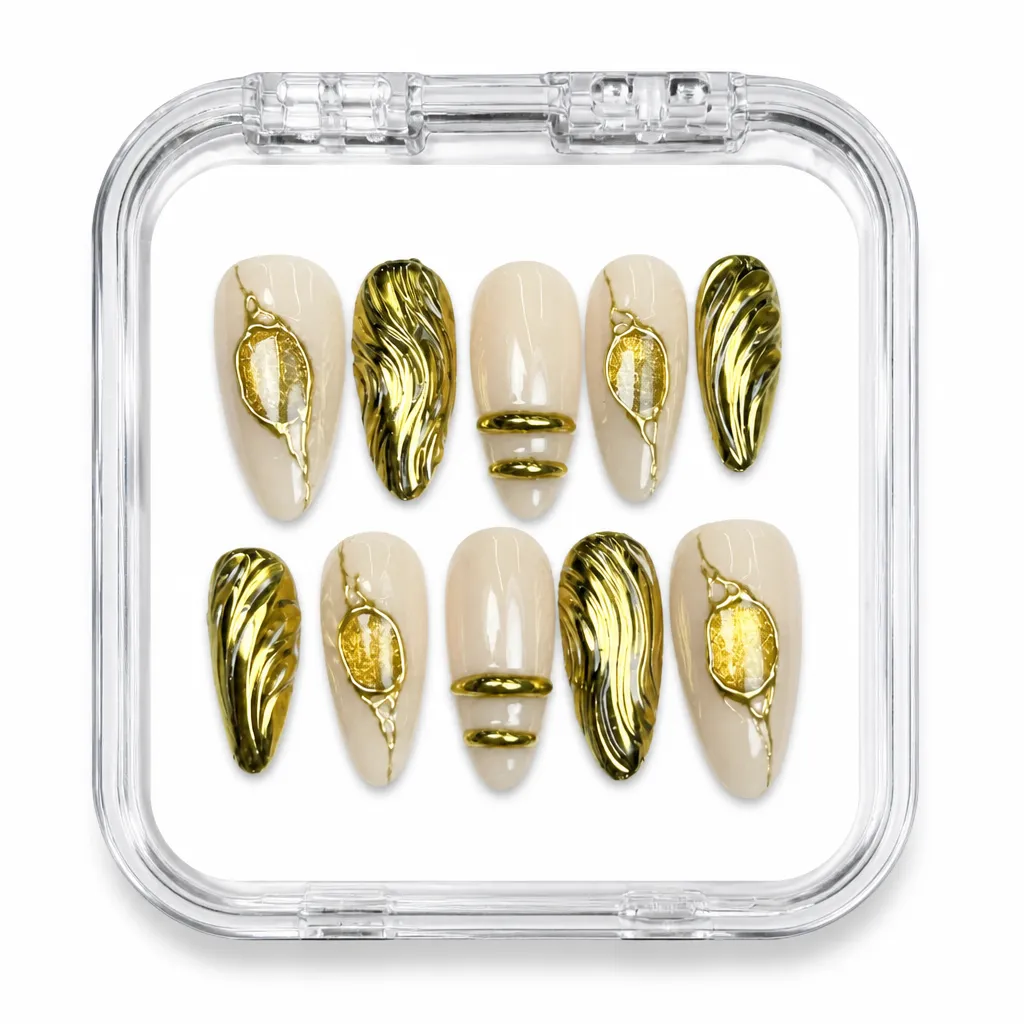 Glossy Gilded Elegance – Xưởng gia công Nailbox Sỉ thủ công