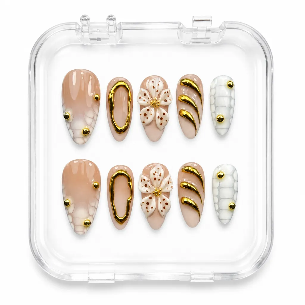 Golden Bloom Almond – Xưởng gia công Nailbox Sỉ thủ công