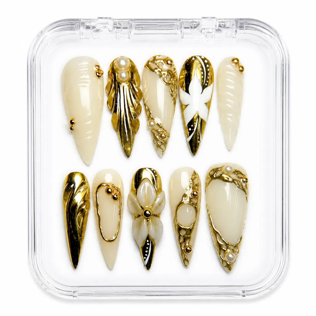 Golden Elegance Stiletto – Xưởng gia công Nailbox Sỉ thủ công