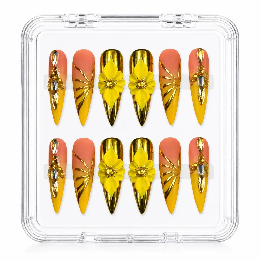 Golden Sunflower Stiletto – Mẫu Nailbox Sỉ Thiết Kế Thủ Công