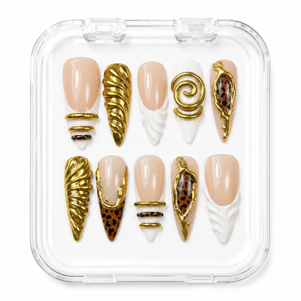 Golden Swirl Safari – Mẫu Nailbox Sỉ Thiết Kế Thủ Công