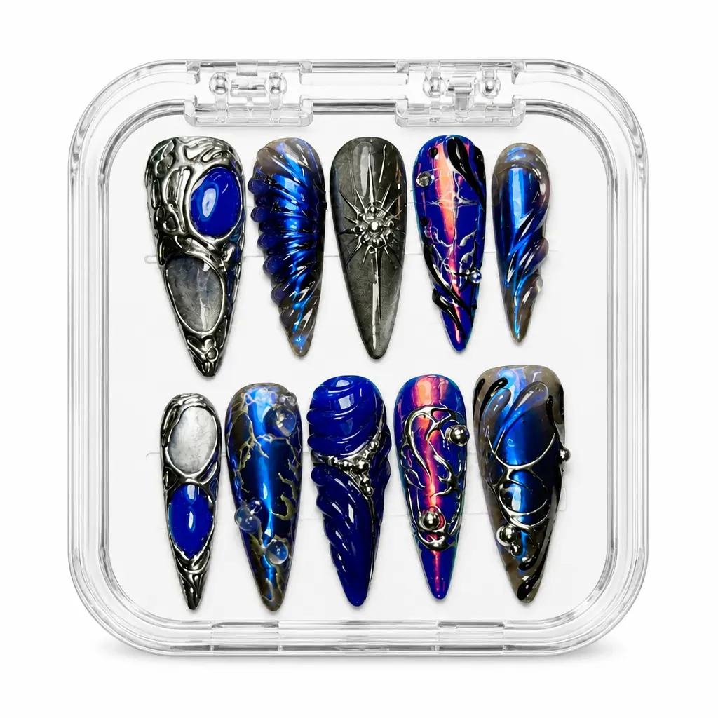 Gothic Azure Chrome – Mẫu Nailbox Sỉ Thiết Kế Thủ Công
