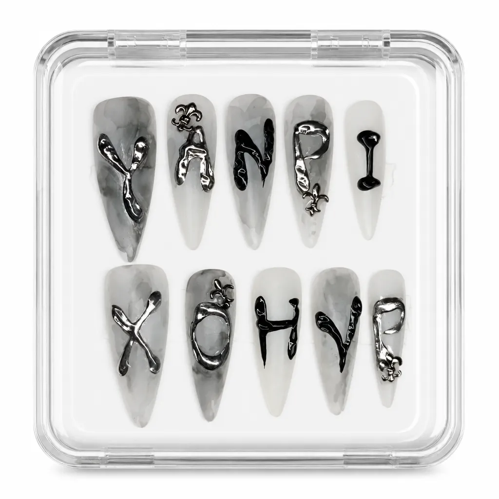 Gothic Chrome Monogram – Xưởng gia công Nailbox Sỉ thủ công