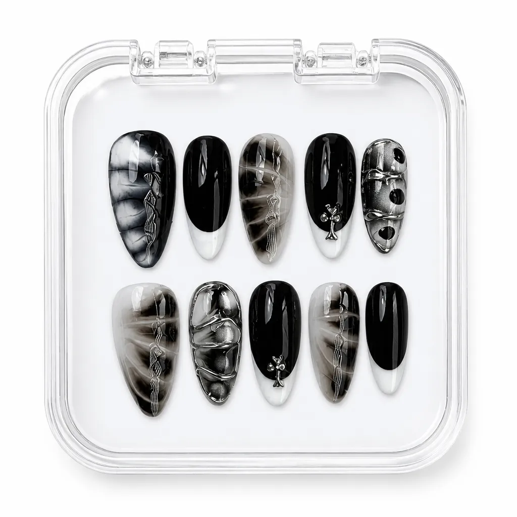Gothic Noir Almond – Xưởng gia công Nailbox Sỉ thủ công
